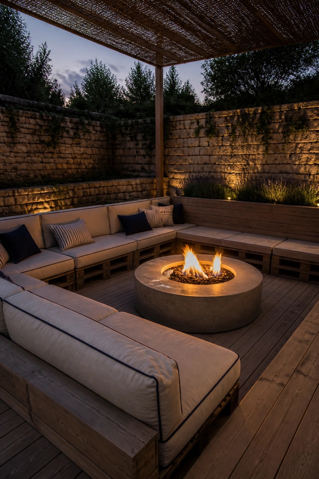 A circular concrete fire pit with flames sits at the center of an L-shaped arrangement of pallet sofas with beige cushions on a wooden deck under a pergola.