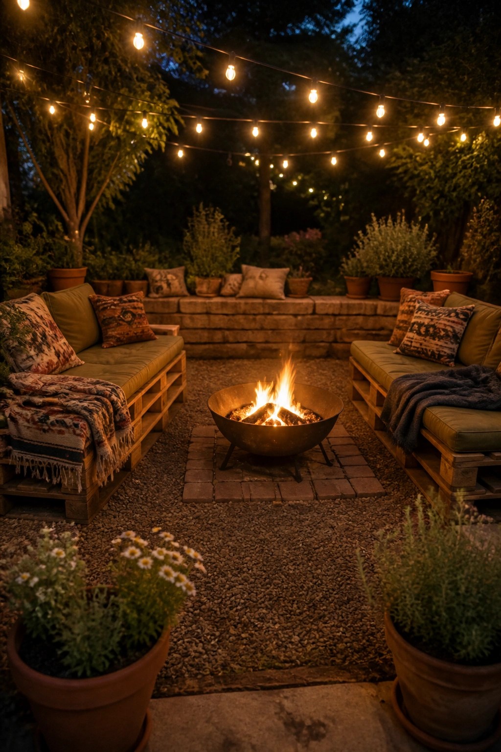 An outdoor seating area with pallet sofas arranged around a metal fire pit at night, string lights above, and potted plants in the foreground.