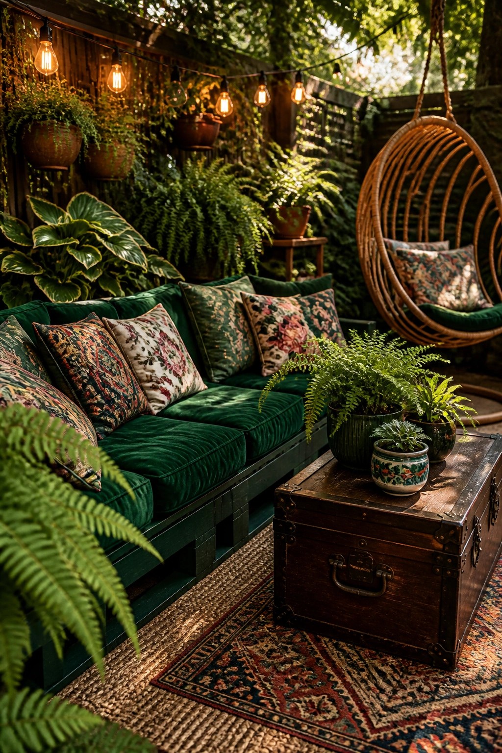 A dark green pallet sofa with patterned cushions sits on an outdoor rug beside a wooden trunk table holding potted plants, with a hanging chair and string lights in the background.