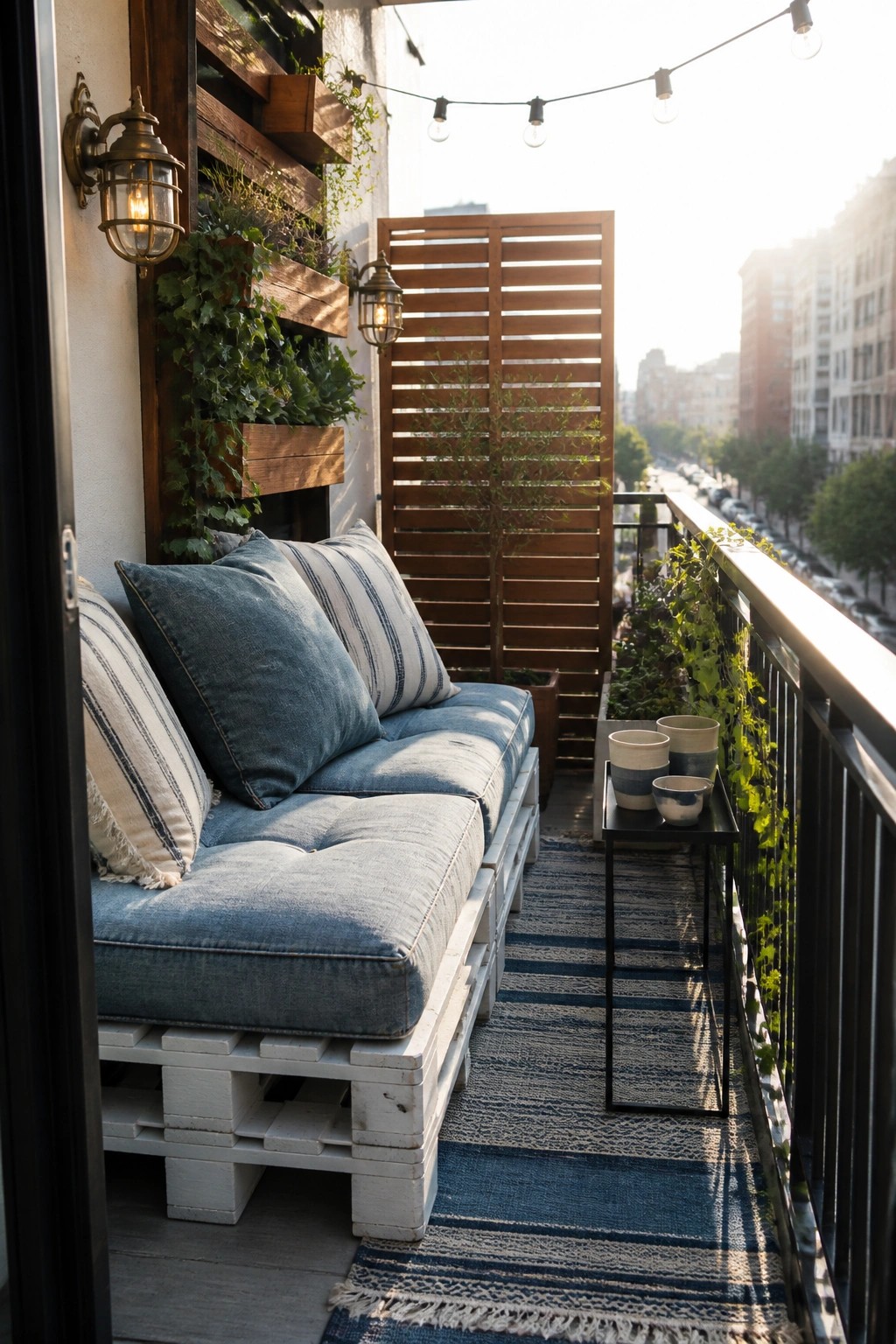A balcony featuring a white-painted pallet sofa with blue cushions, a blue striped rug, a small side table, and wooden planters along the railing.