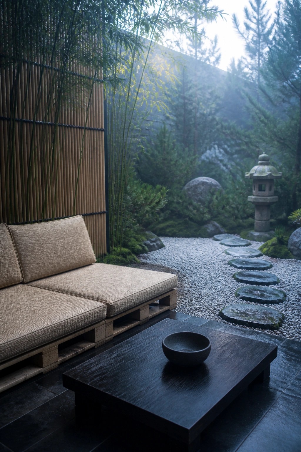 A low pallet sofa with beige cushions sits on a stone patio beside a dark wooden table holding a bowl, with a gravel path, stepping stones, and a stone lantern visible in a wooded garden.