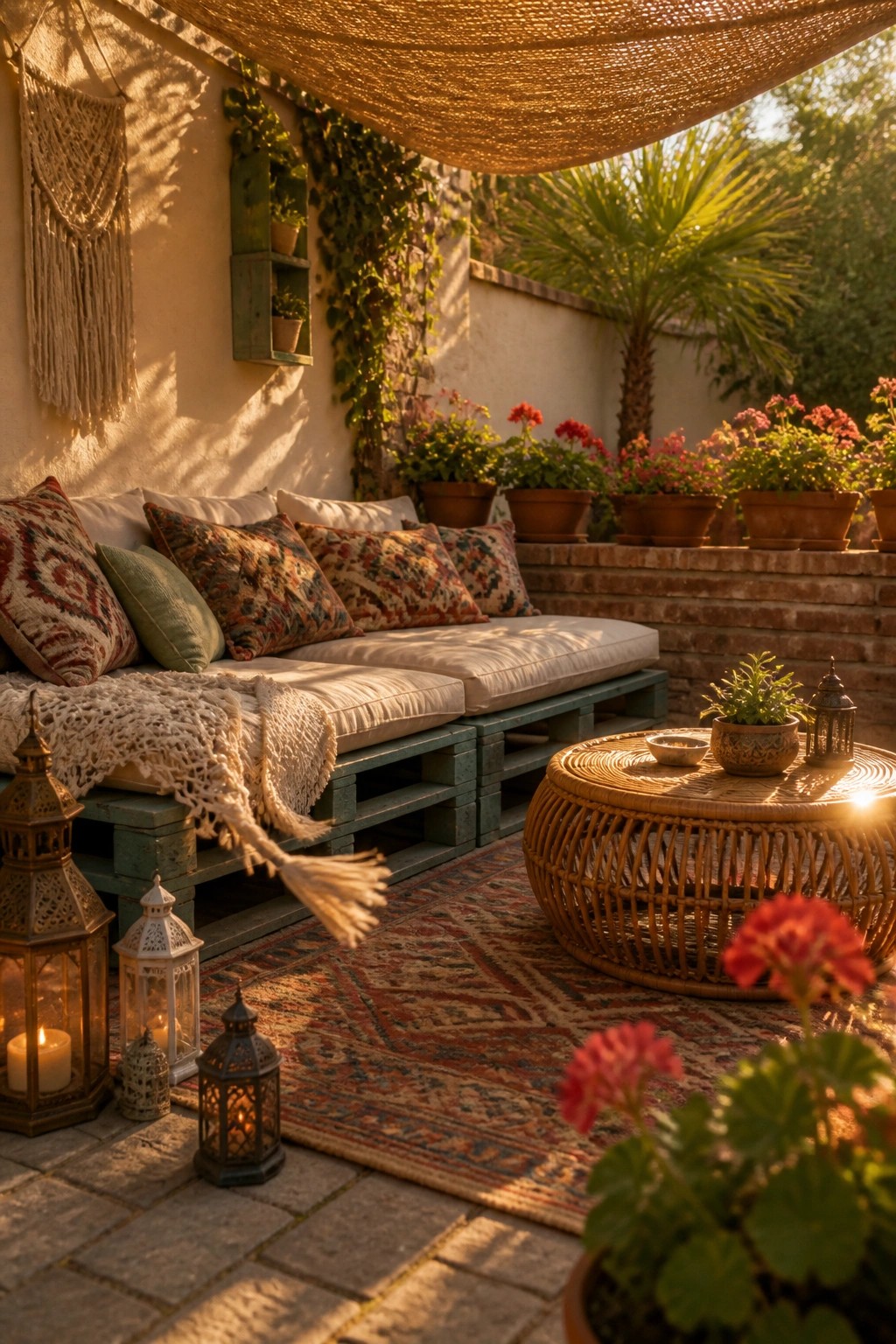 An outdoor patio with a low sofa made from stacked wooden pallets topped with white cushions and patterned pillows, a round woven coffee table, several lanterns, and potted plants on a brick wall and stone floor.
