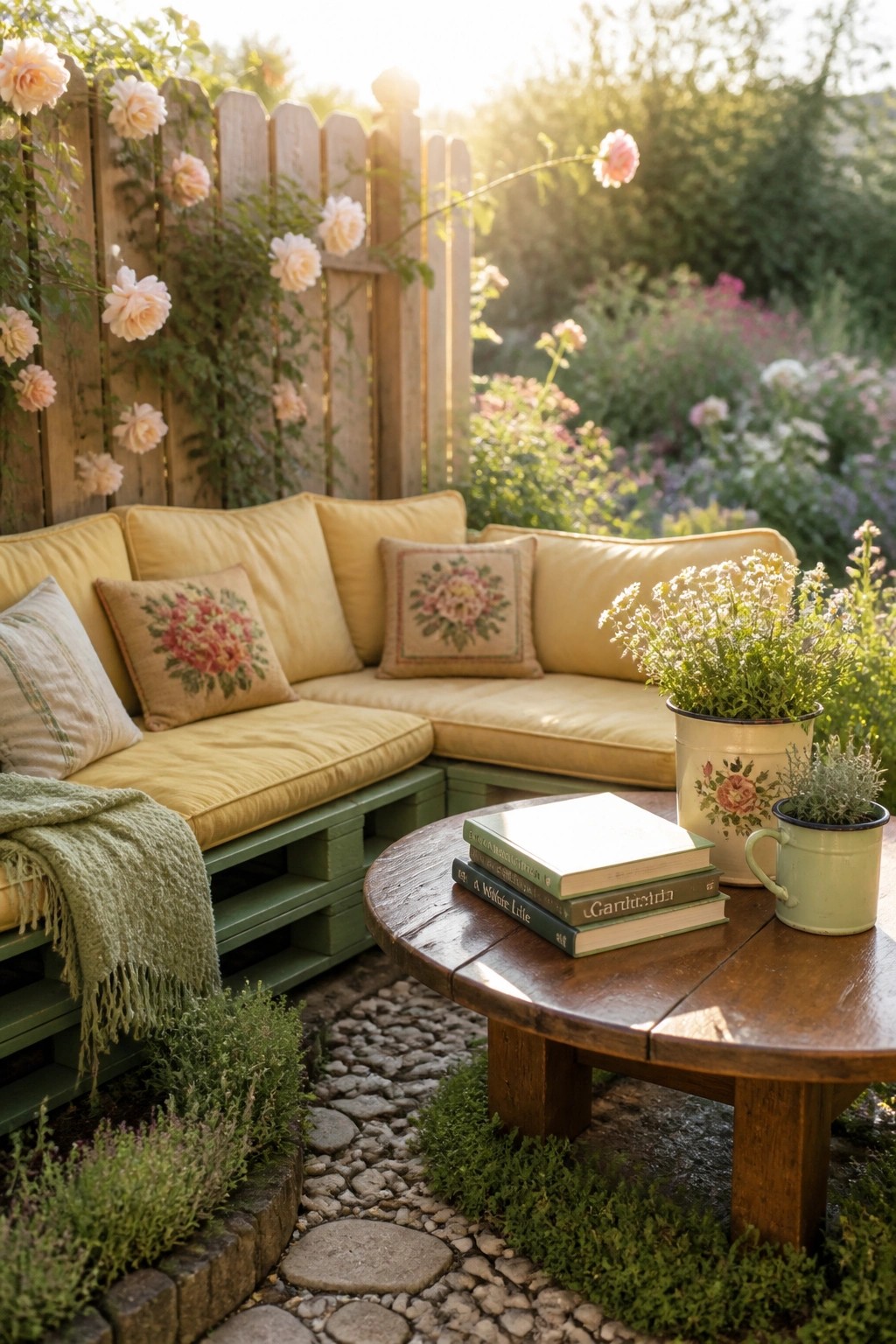 A green painted pallet sofa with yellow cushions and floral pillows sits on a stone path in a garden, next to a round wooden table holding books and potted plants.