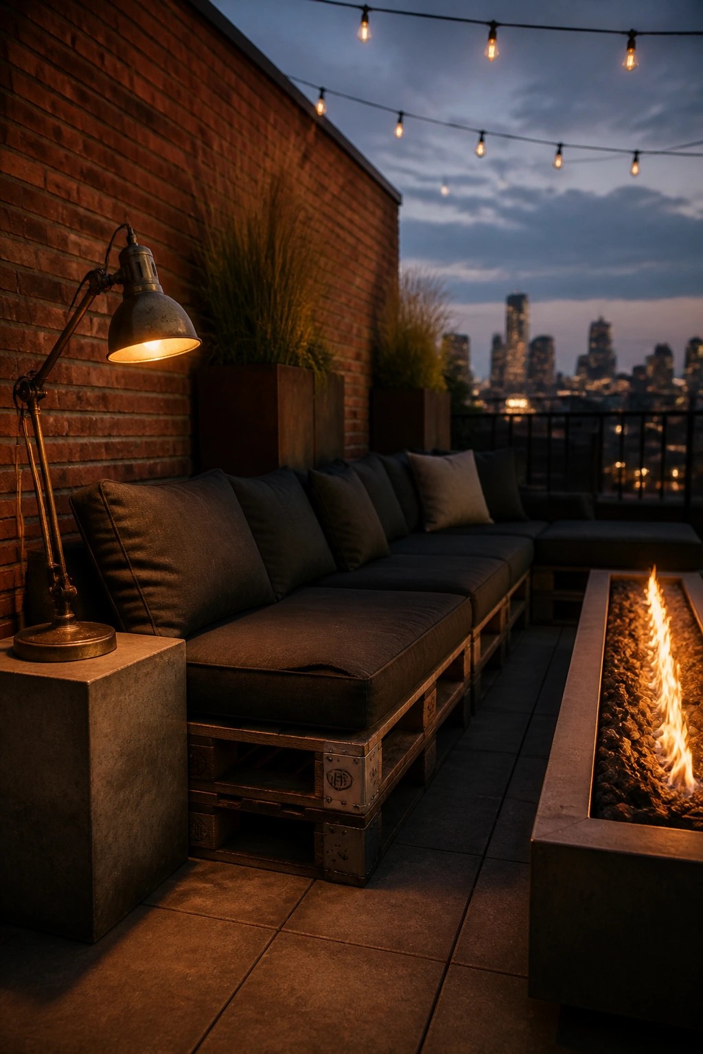 Rooftop patio with pallet sofas, a long concrete fire pit, string lights, and a brick wall at dusk.