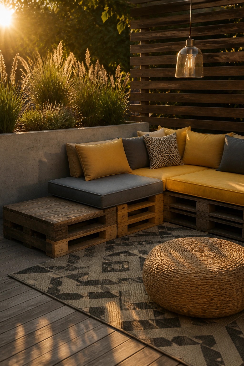 Wooden pallet sofa with yellow and gray cushions on a deck, next to a wooden slat screen and a woven pouf on a patterned rug.