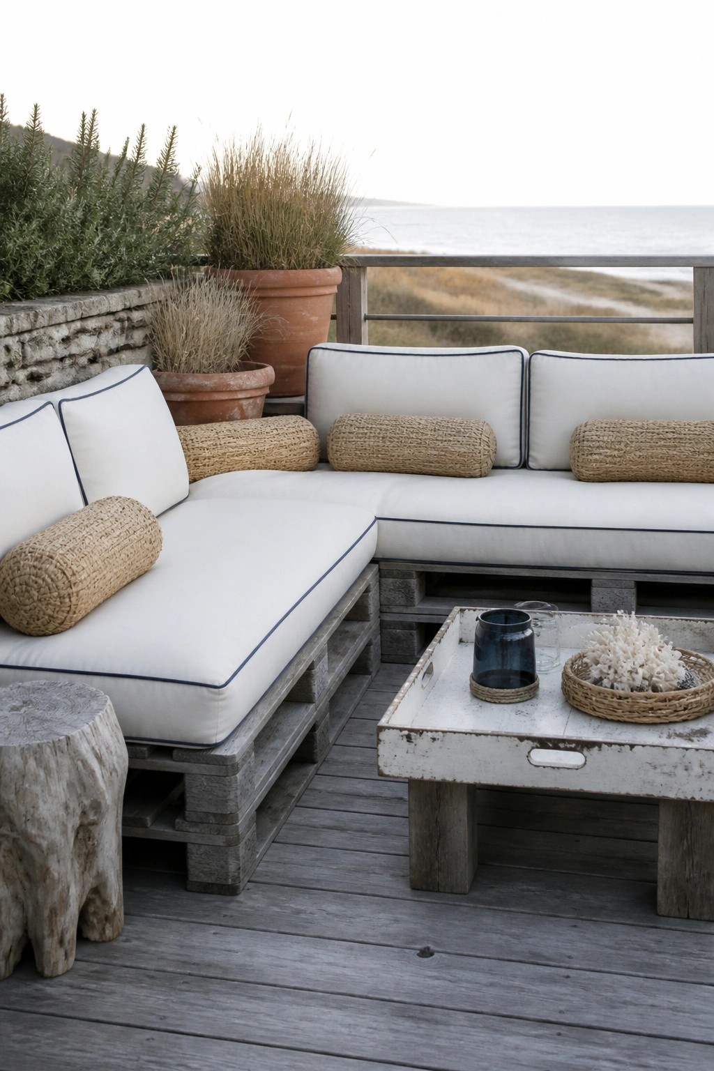 A sectional sofa built on wooden pallets with white cushions and woven bolsters sits on a gray deck next to a white coffee table, with potted plants and a view of the ocean.