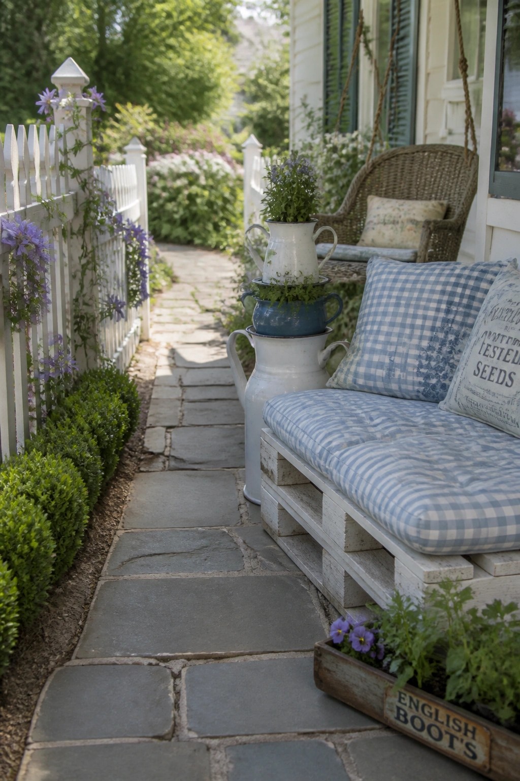 Pallet bench with blue gingham cushions beside stacked pitchers on stone path
