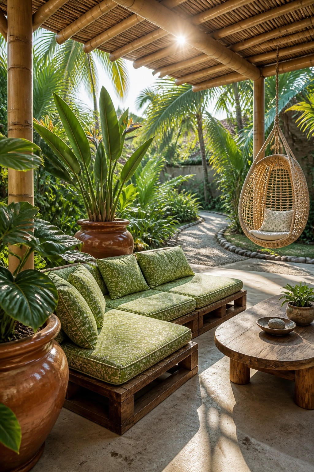 An outdoor seating area under a bamboo roof with two low wooden pallet sofas covered in green patterned cushions, a round wooden coffee table, large potted plants, and a hanging woven chair in a tropical garden setting.