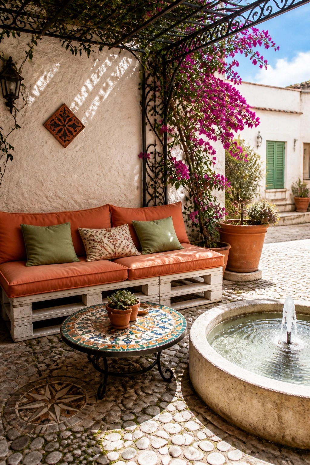A pallet sofa with orange cushions and green pillows sits on a cobblestone patio beside a mosaic table and a stone fountain, with bougainvillea vines overhead.