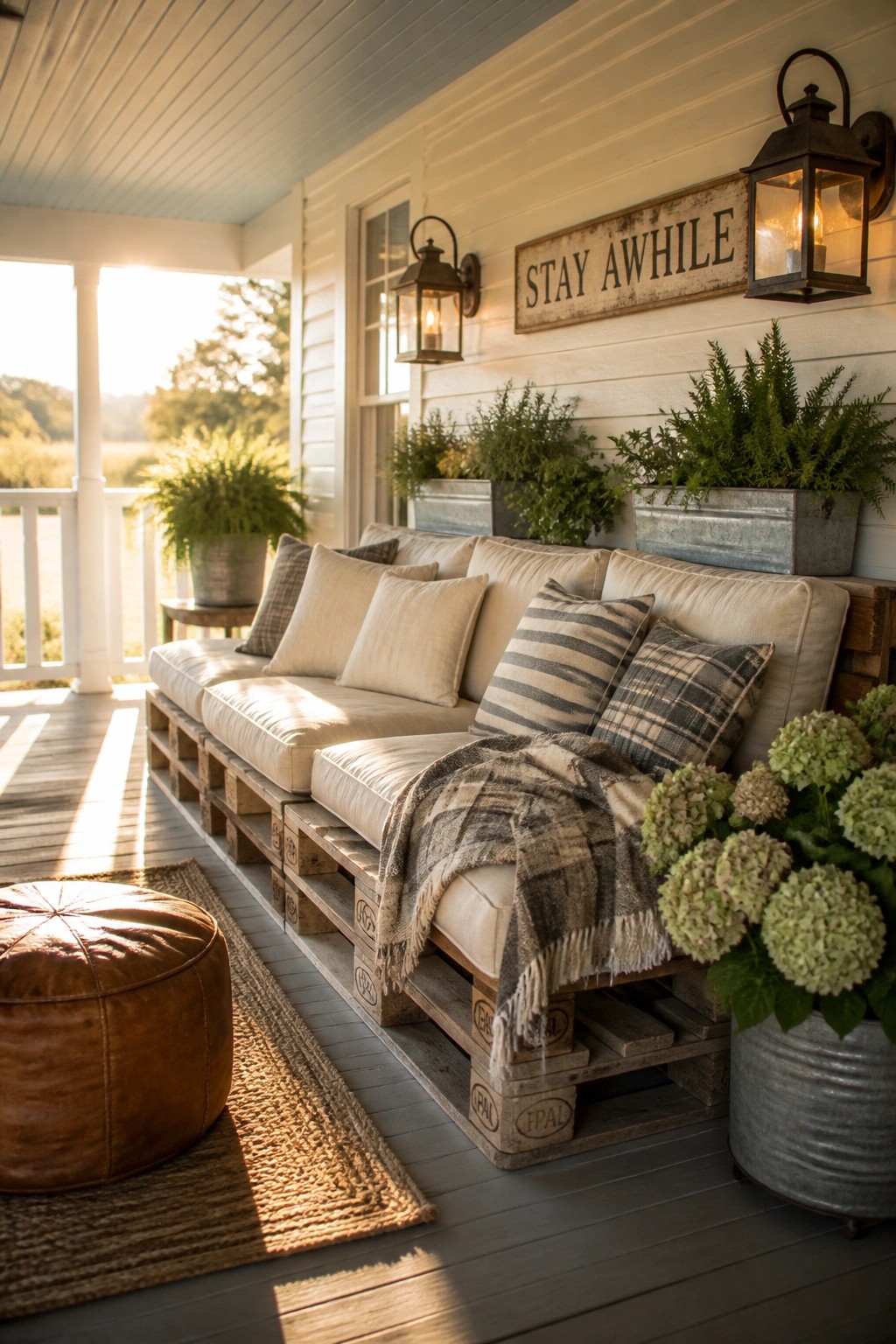 A wooden pallet sofa with beige cushions, striped pillows, and a plaid throw sits on a porch next to metal planters and wall lanterns.