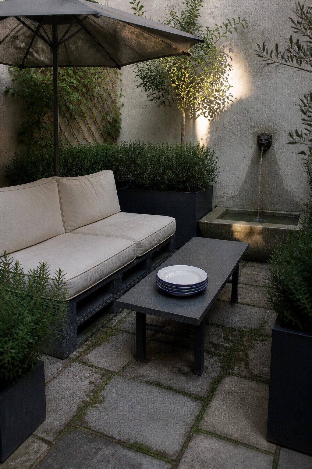 An outdoor patio features a pallet sofa with beige cushions, a dark stone table holding stacked plates, potted plants, and a wall fountain in the background.