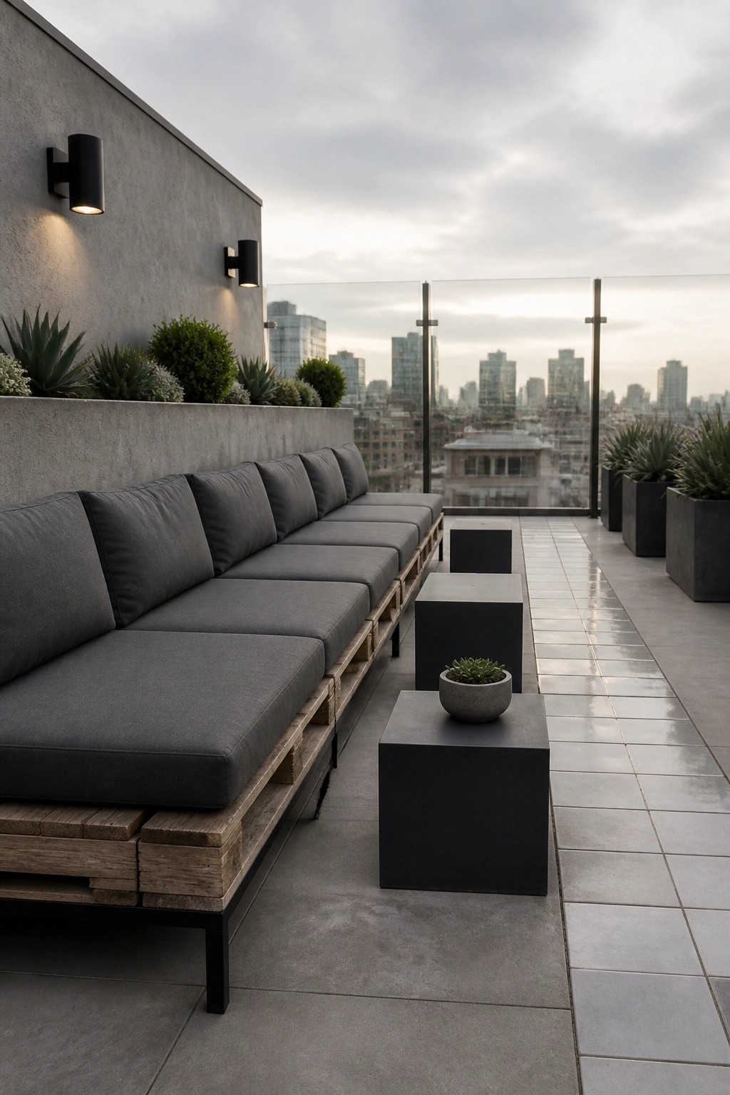 A long outdoor sofa built from wooden pallets with dark gray cushions sits on a tiled rooftop terrace beside concrete cube tables and a city skyline view.