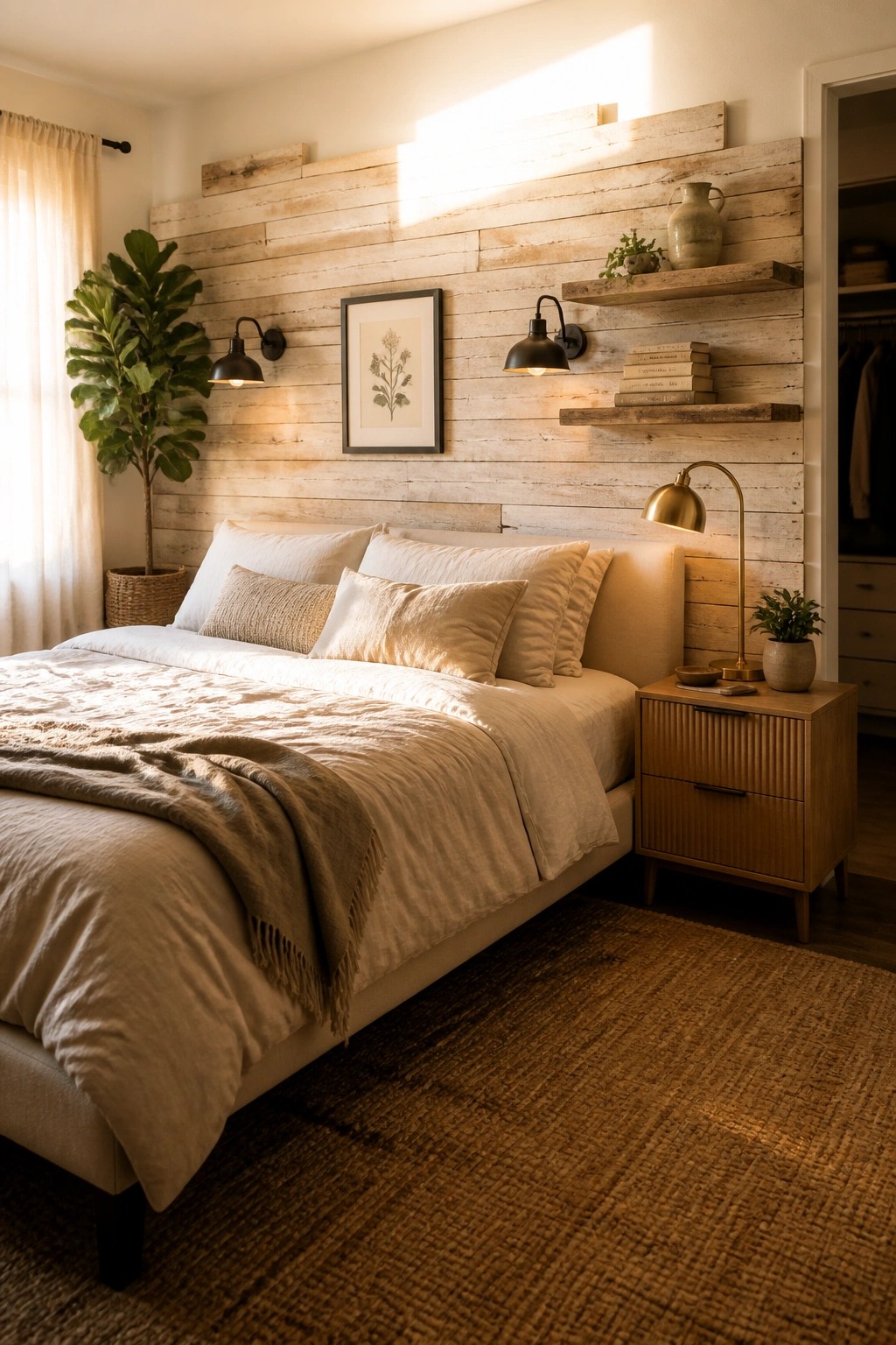 A bedroom with a bed dressed in beige linens positioned against a headboard wall made of horizontal reclaimed wood planks, flanked by black wall sconces and small floating shelves.