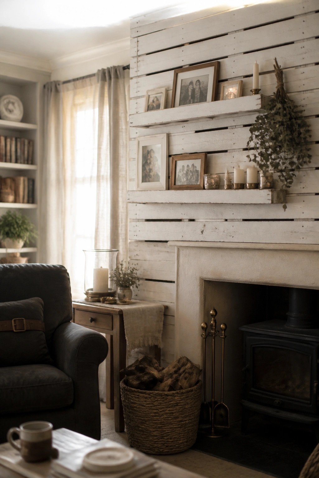 A living room interior with a whitewashed pallet wood accent wall and built-in shelves above a fireplace mantel holding framed photos and candles, next to a wood stove.