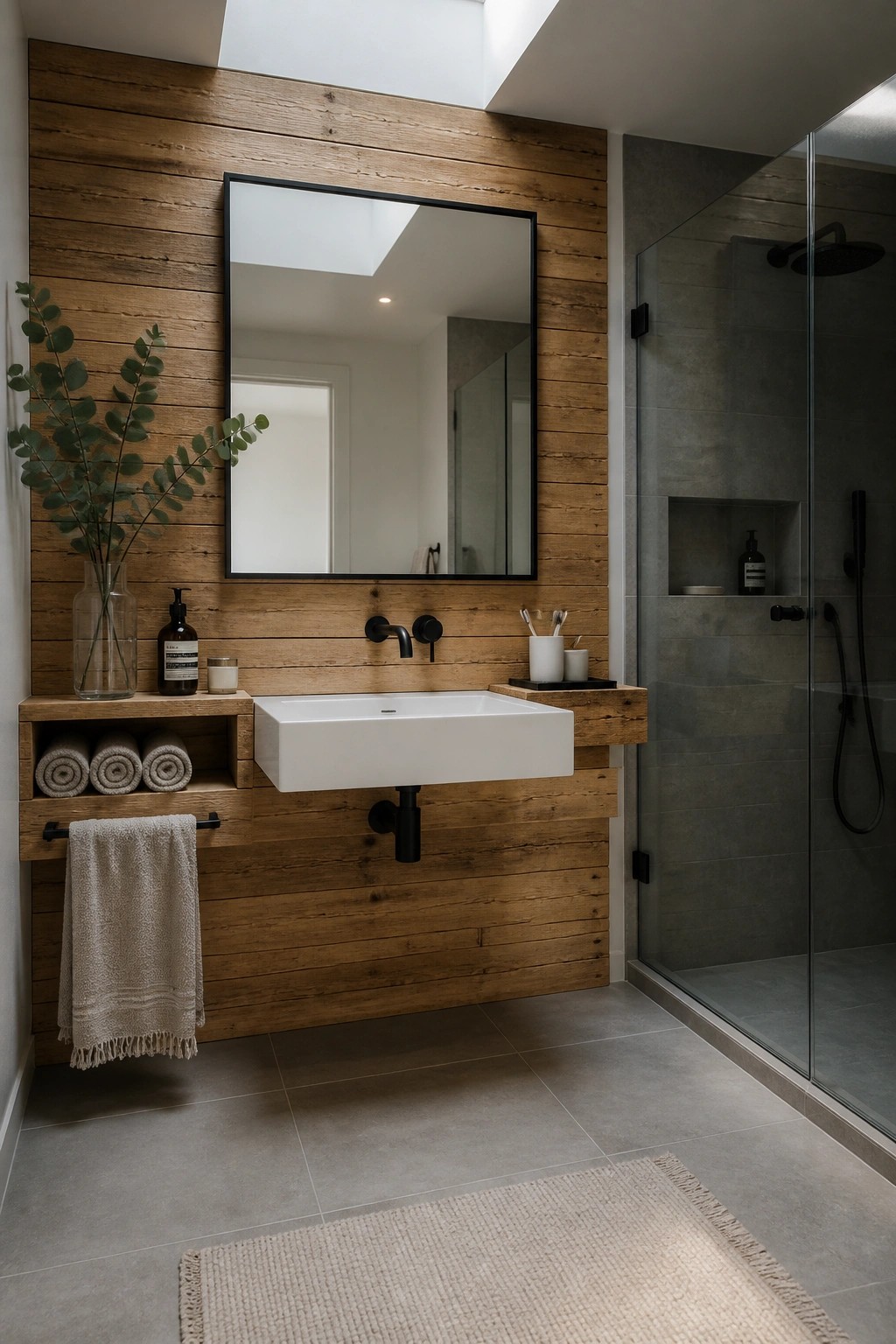 Modern bathroom with wood accent wall, white floating sink, black fixtures, glass shower
