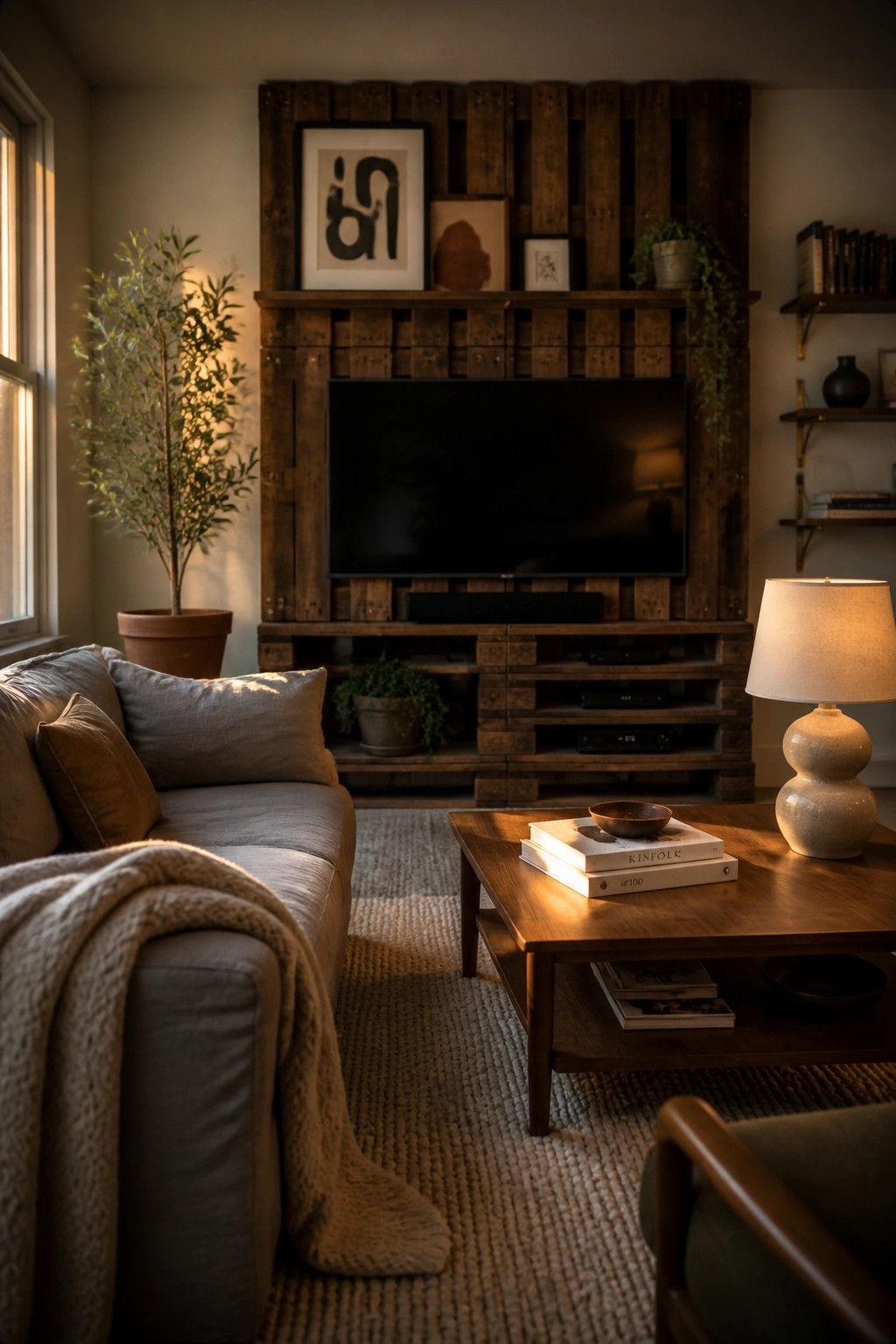 A living room interior showing a reclaimed wood pallet wall behind a television, with a gray sofa, wooden coffee table, and potted plants visible.
