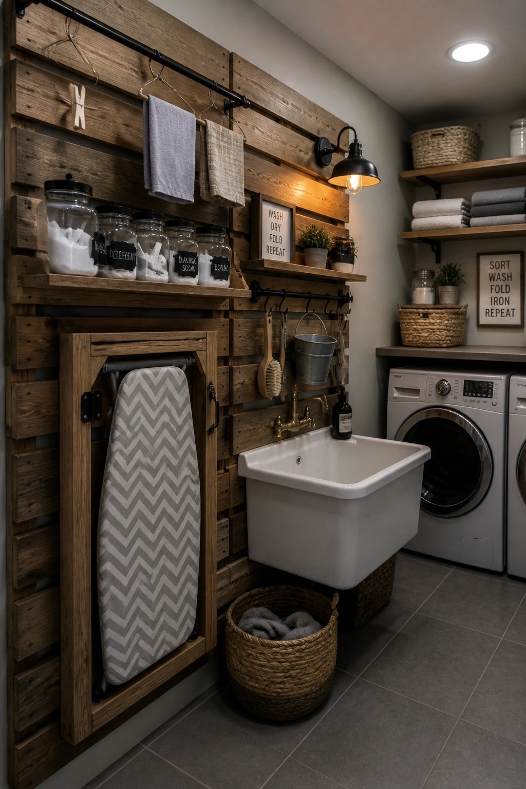 Rustic laundry room with wooden walls, utility sink, ironing board cabinet, and washing machines.