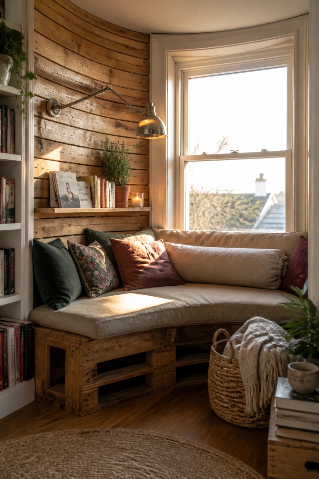 A curved wooden pallet bench with cushions and pillows is positioned under a large window in a room with horizontal wood walls and bookshelves.