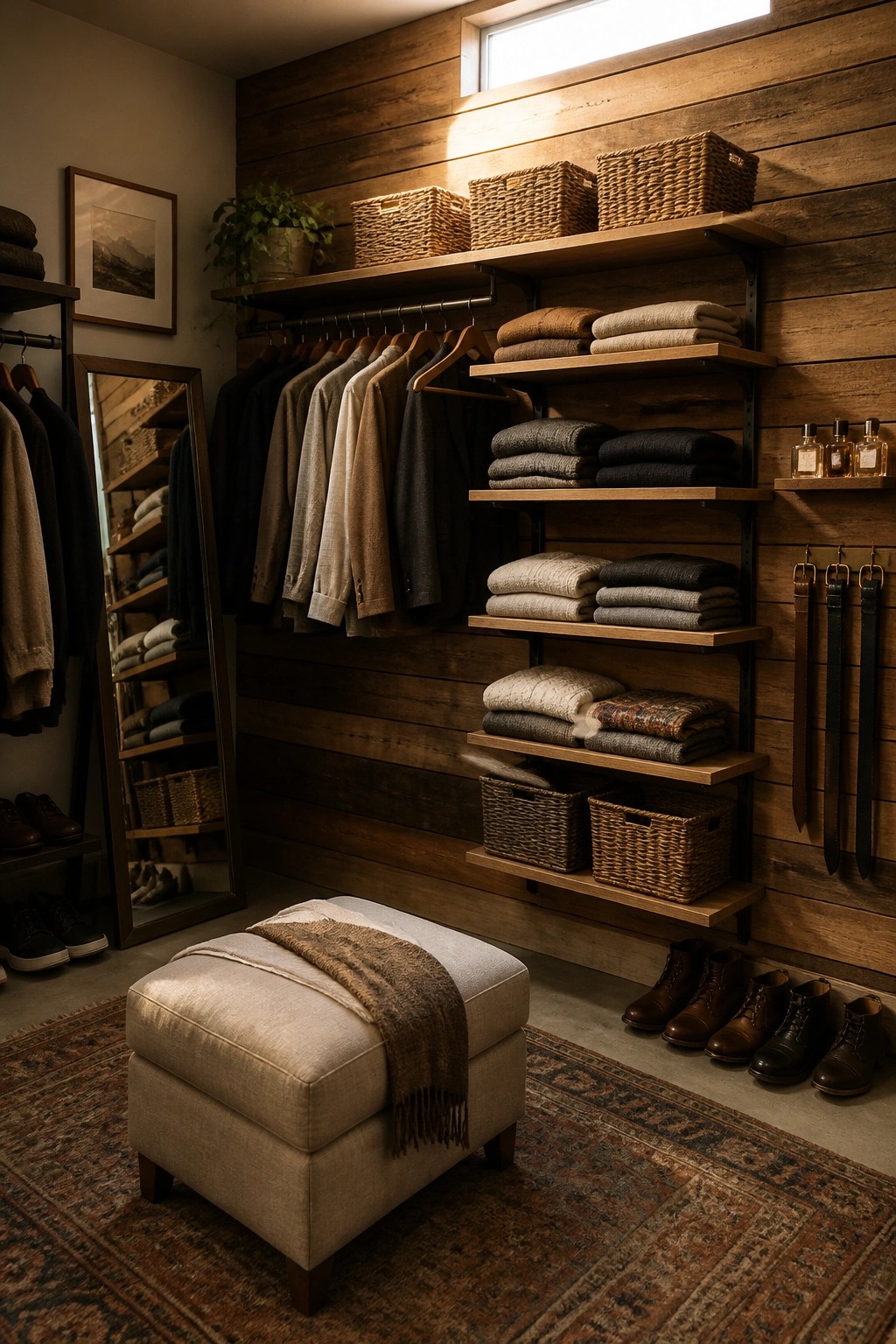 An interior view of a walk-in closet with horizontal wood plank walls, multiple wooden shelves holding folded textiles and woven baskets, hanging clothes on a rod, an upholstered ottoman, boots on the floor, and belts hanging on the right wall.