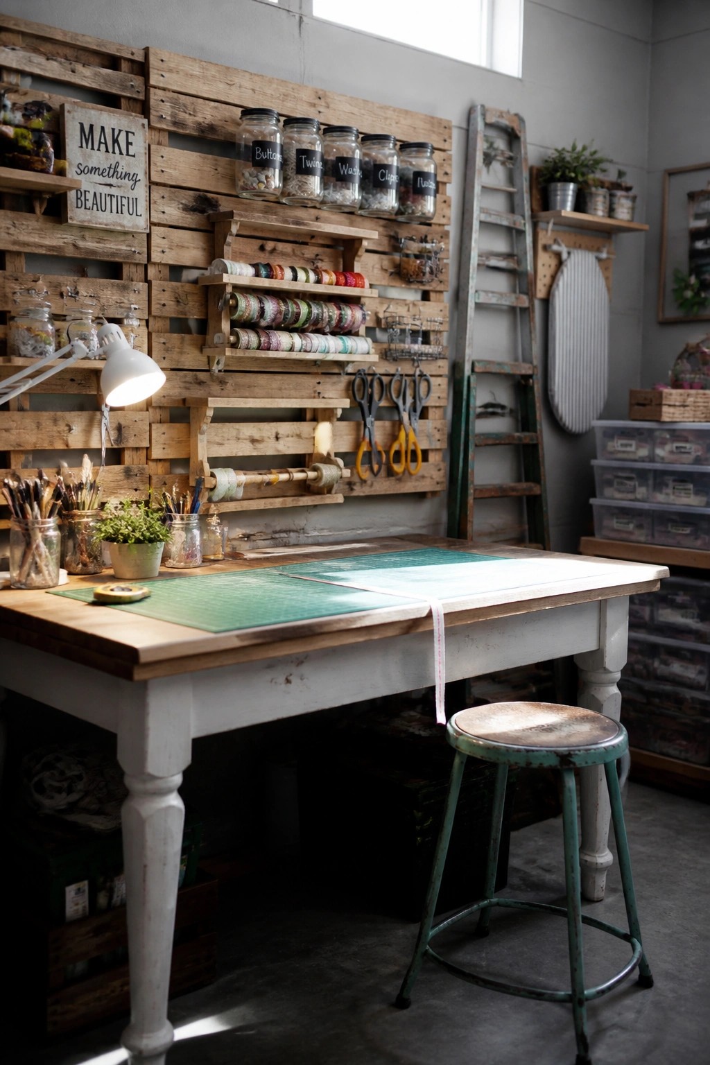 Rustic white desk and green stool before pallet wall of craft supplies.