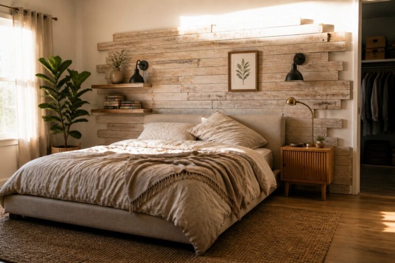 22 Easy Pallet Wall Projects Made for First-Time DIYers and Simple Tools A bedroom with a bed dressed in beige linens positioned against a headboard wall made of horizontal reclaimed wood planks, flanked by black wall sconces and small floating shelves.