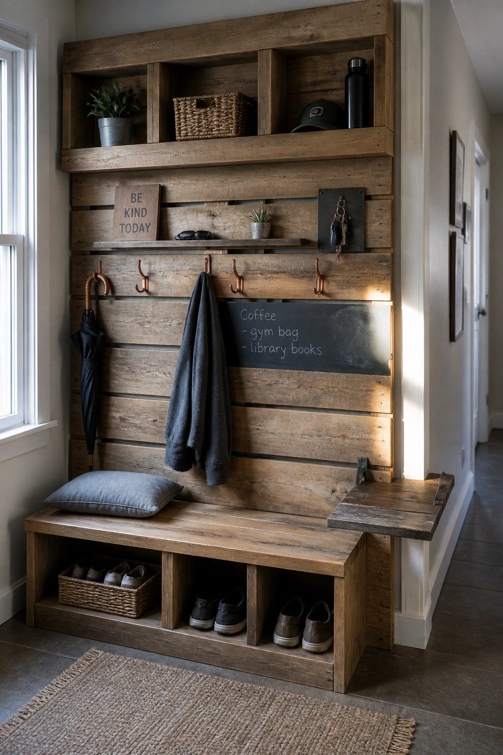 A reclaimed wood pallet wall in an entryway with hooks, shelves, cubbies, a bench, and storage for shoes and coats.
