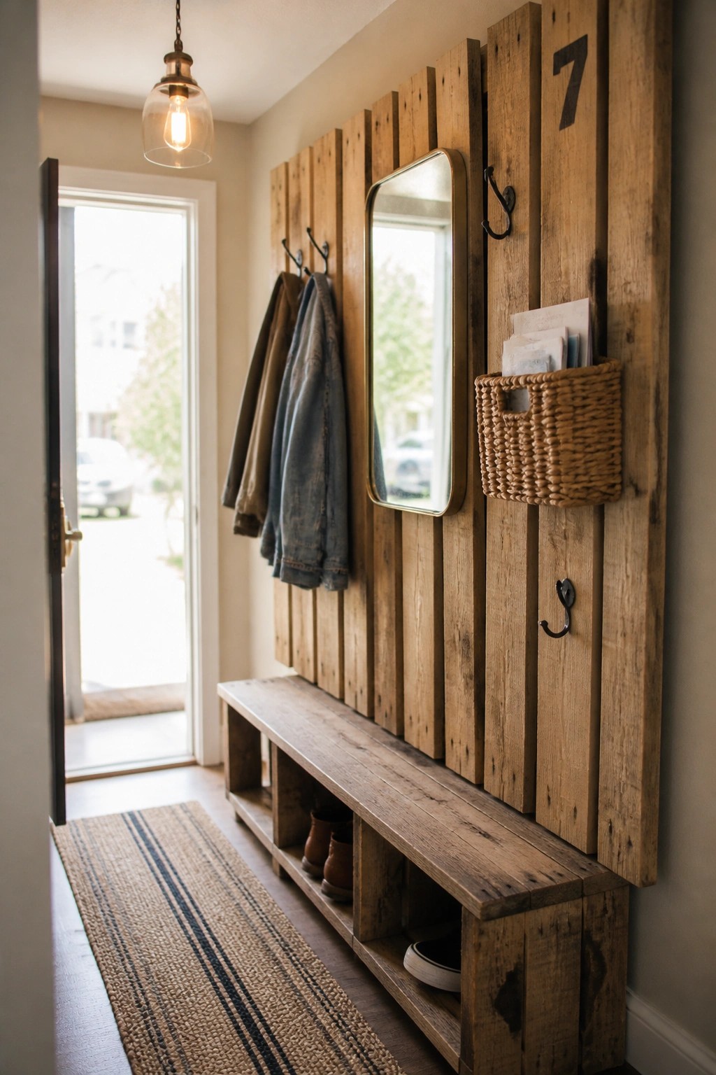 A vertical pallet wood wall in a home entryway with coat hooks, a mirror, a woven basket, and a built-in bench with shoe cubbies.