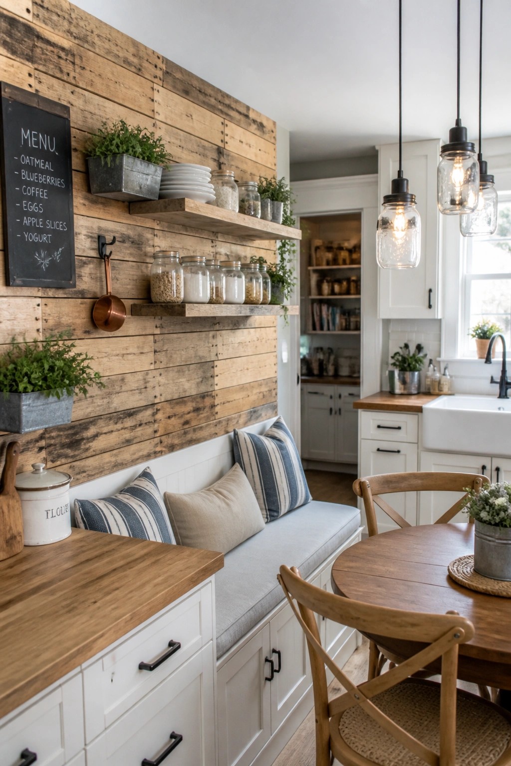 A kitchen dining area with a reclaimed wood pallet wall featuring open shelves, glass jars, a chalkboard menu, and a built-in bench with cushions.