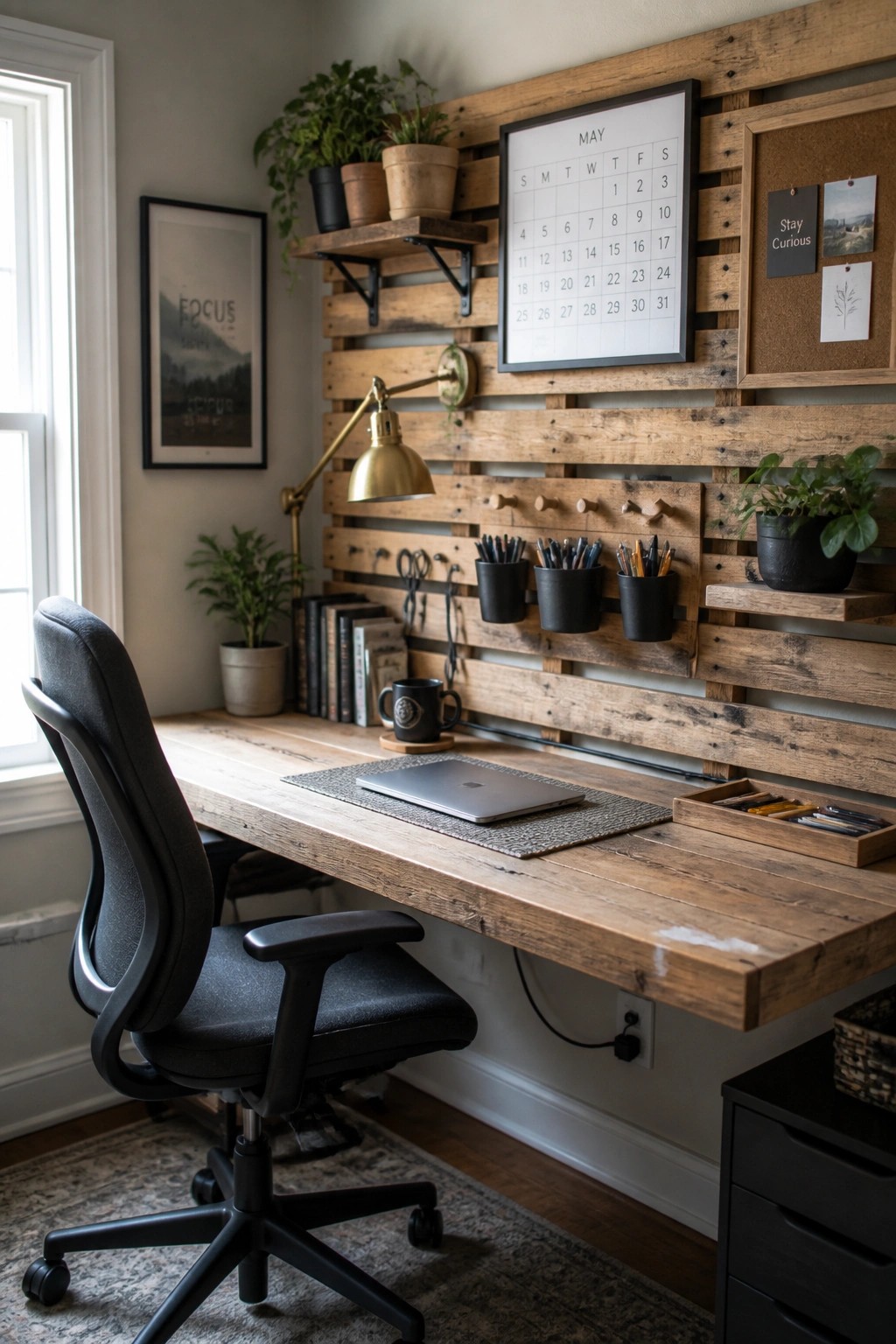 A reclaimed wood pallet wall behind a wooden desk holds a calendar, small shelves, hooks with cups of pens, and a mounted lamp.