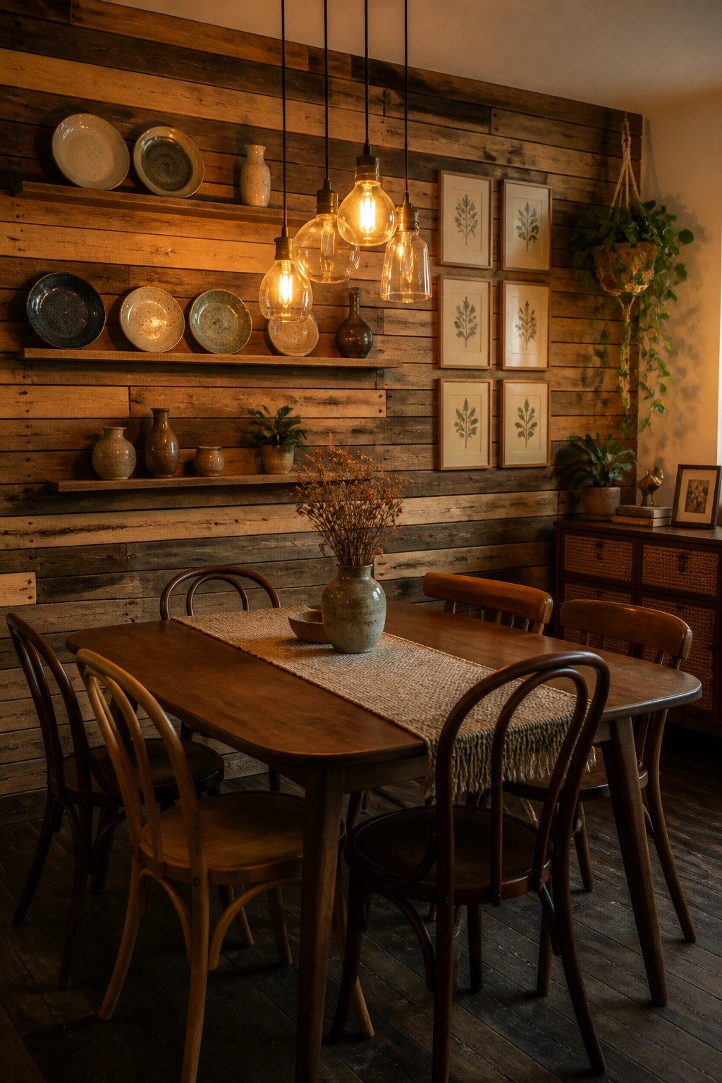 A dining room featuring a horizontal reclaimed wood plank wall, a wooden table with a burlap runner, and several pendant lights hanging above.
