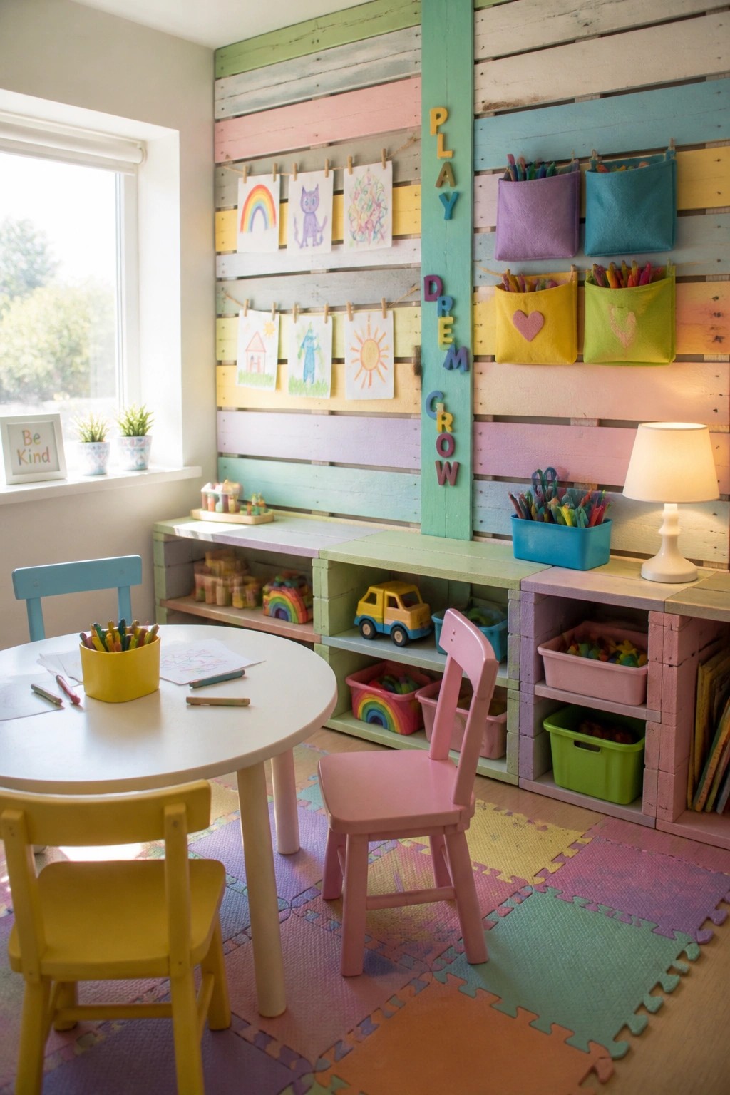 A colorful children's playroom featuring a rainbow-painted pallet accent wall with hanging artwork, felt storage pockets, and open shelving filled with toys and craft supplies.