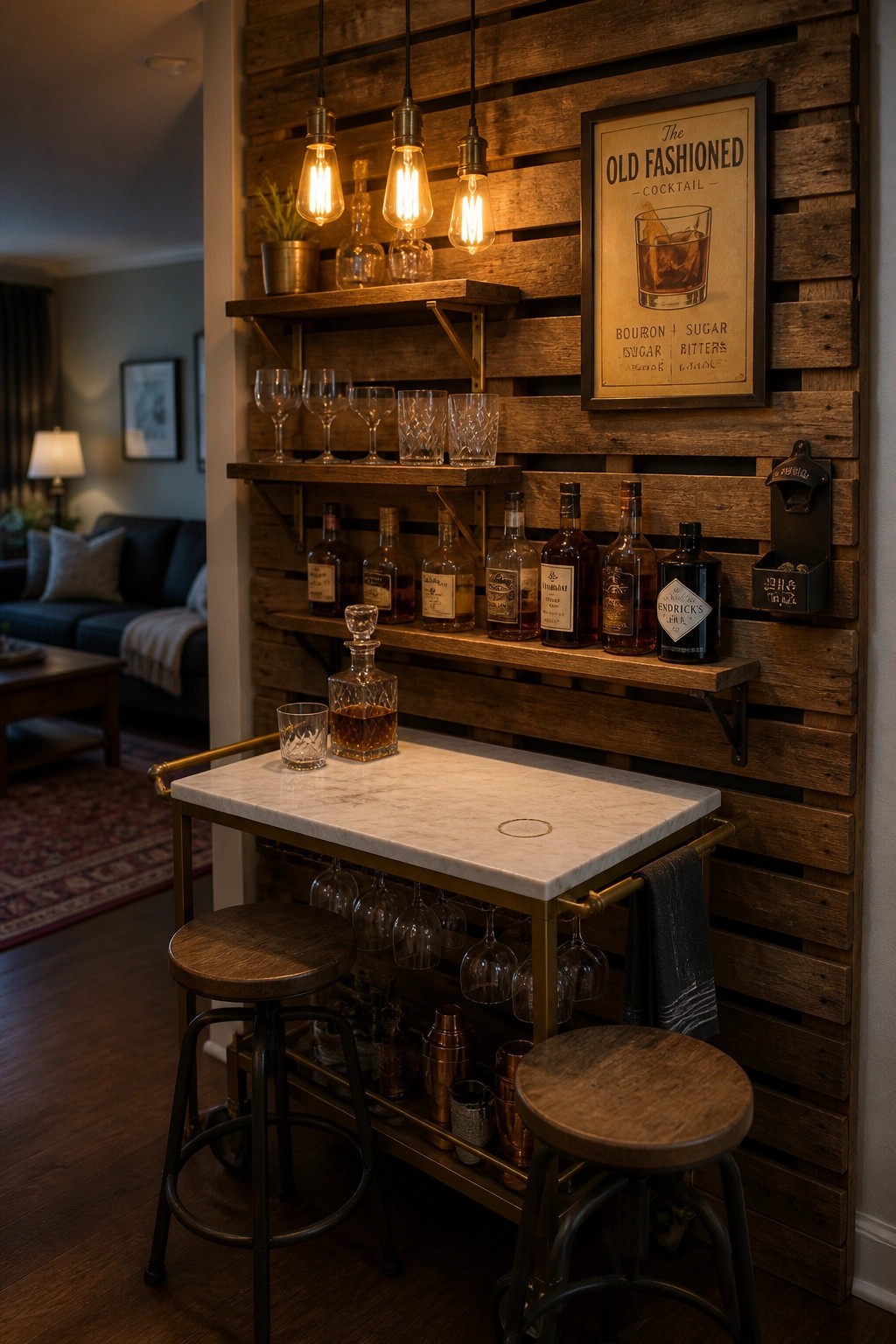A home bar area featuring a white marble cart with stools, glassware, and liquor bottles arranged on shelves mounted against a vertical reclaimed wood pallet wall.