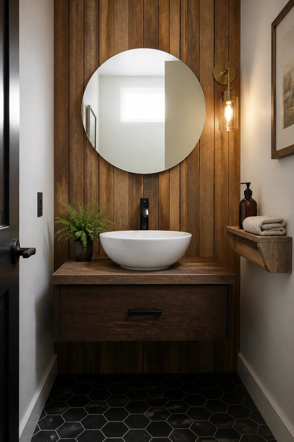 A modern bathroom featuring a white vessel sink on a dark wood floating vanity, set against a vertical reclaimed wood slat wall with a round mirror above and black hexagonal floor tiles.