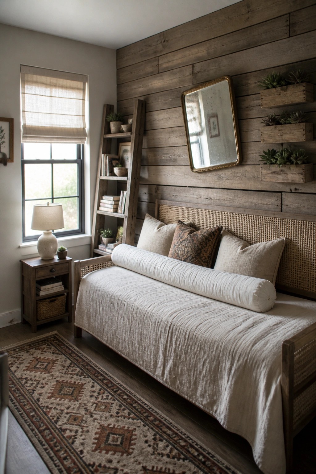 A bedroom with a daybed against a horizontal wooden plank accent wall, a large mirror, and wooden shelves holding small plants.
