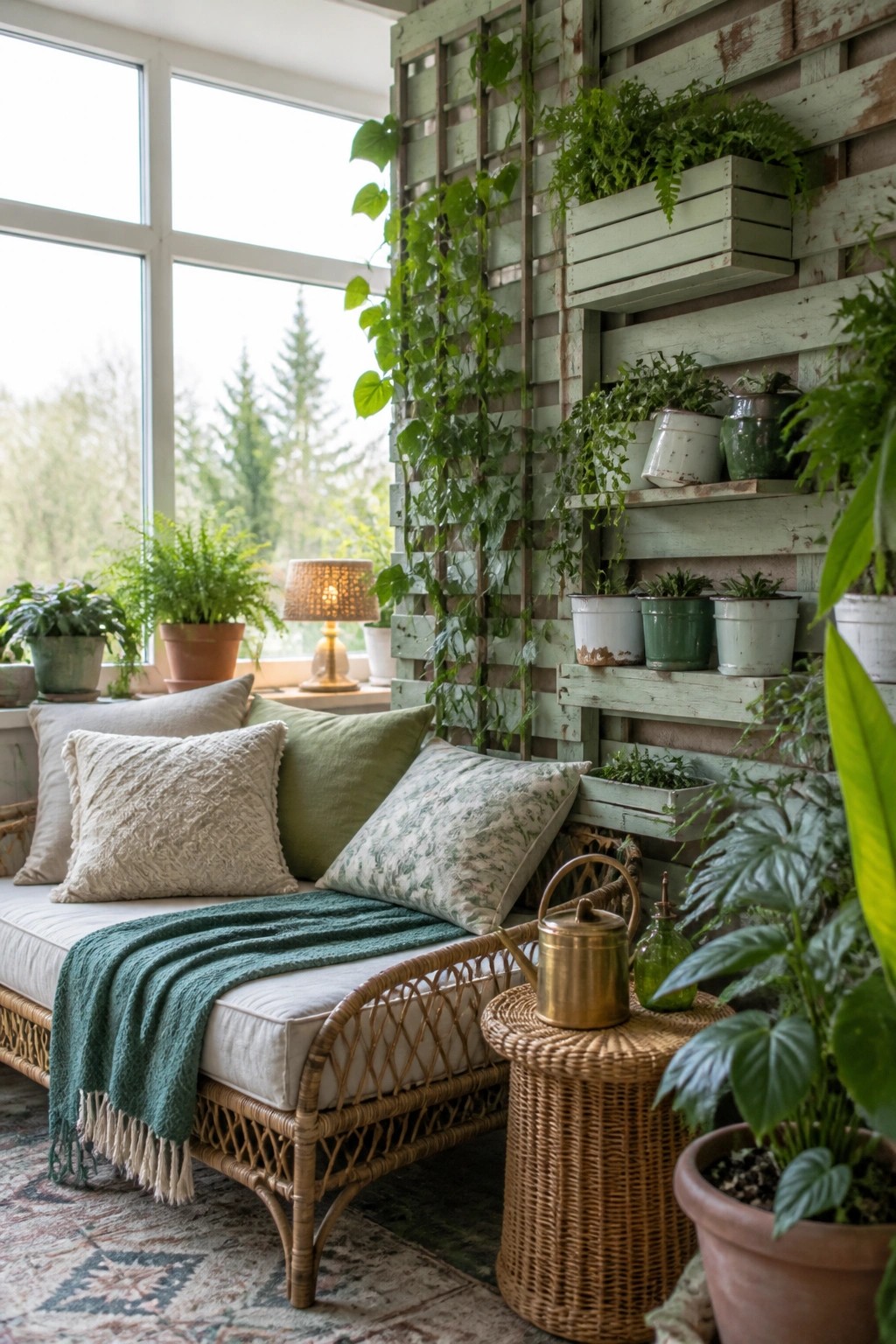 A pallet wall fitted with wooden crates and shelves holding potted plants and trailing vines, next to a window and a cushioned daybed.