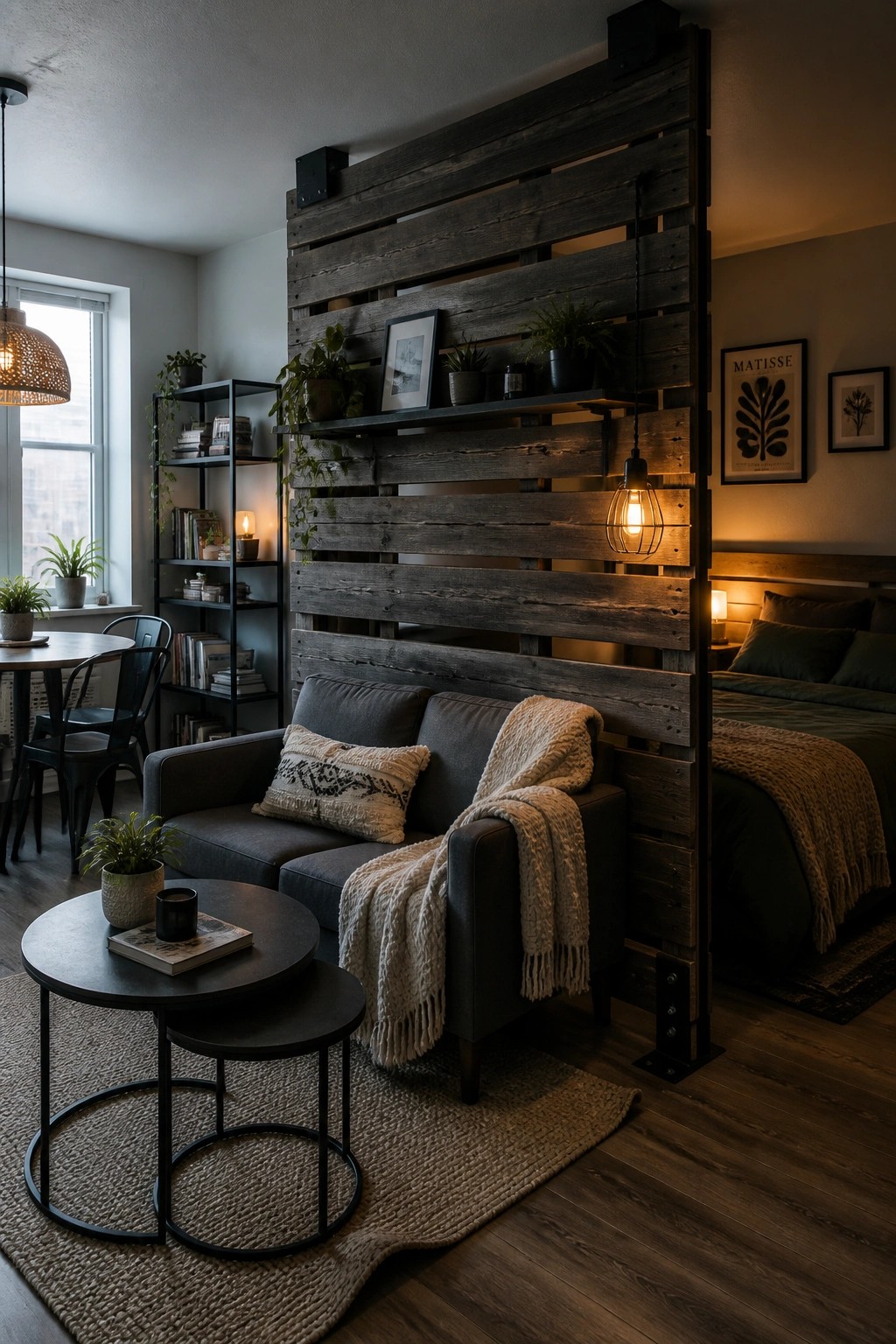 A vertical pallet wall made of dark wood planks divides a living area with a gray sofa from a bedroom space with a bed.