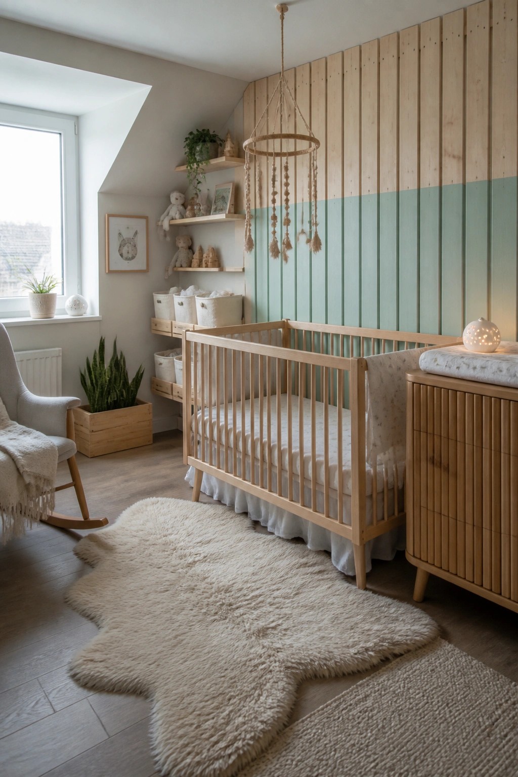 A nursery interior showing a light wood crib against a vertical wood plank accent wall with the lower half painted mint green, plus floating shelves and storage bins along the side.