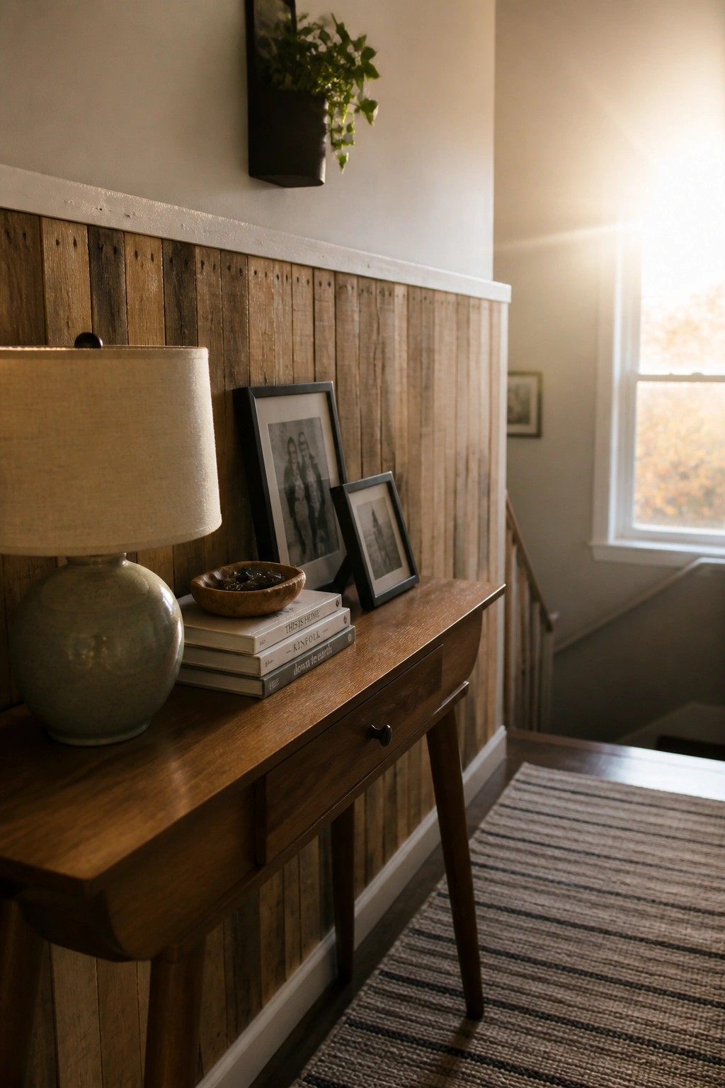 A console table with a lamp, stacked books, and framed photos sits against a wall with vertical wood planks below white trim in a hallway.