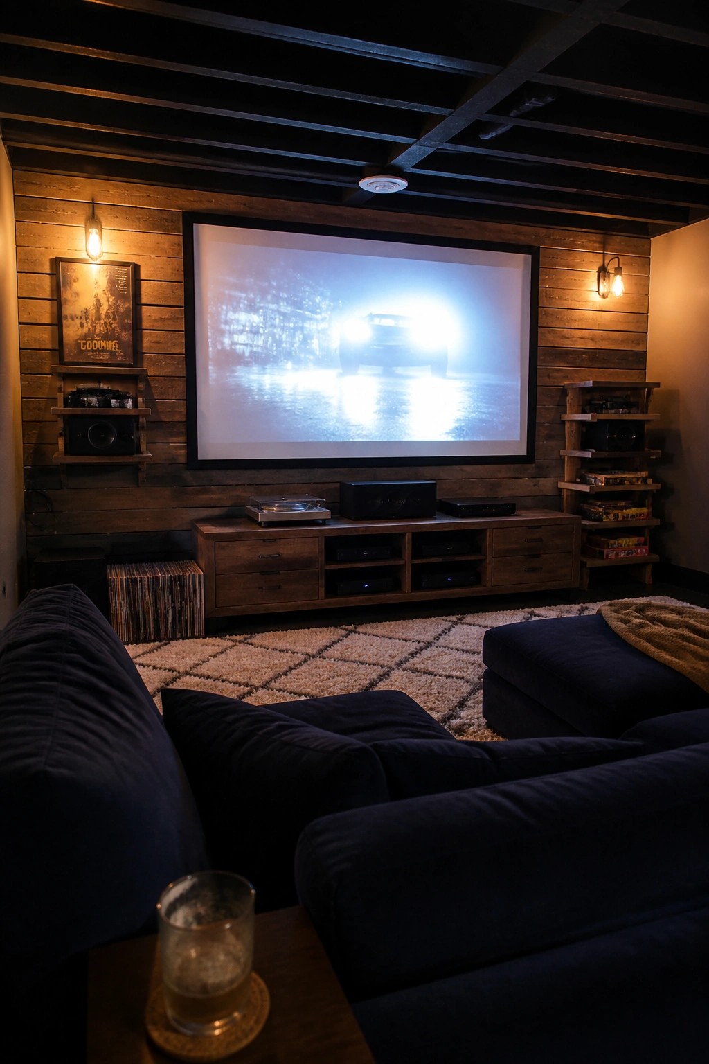 A home theater with a large projection screen centered on a horizontal wood accent wall, dark blue sectional seating, and a wooden media console below the screen.