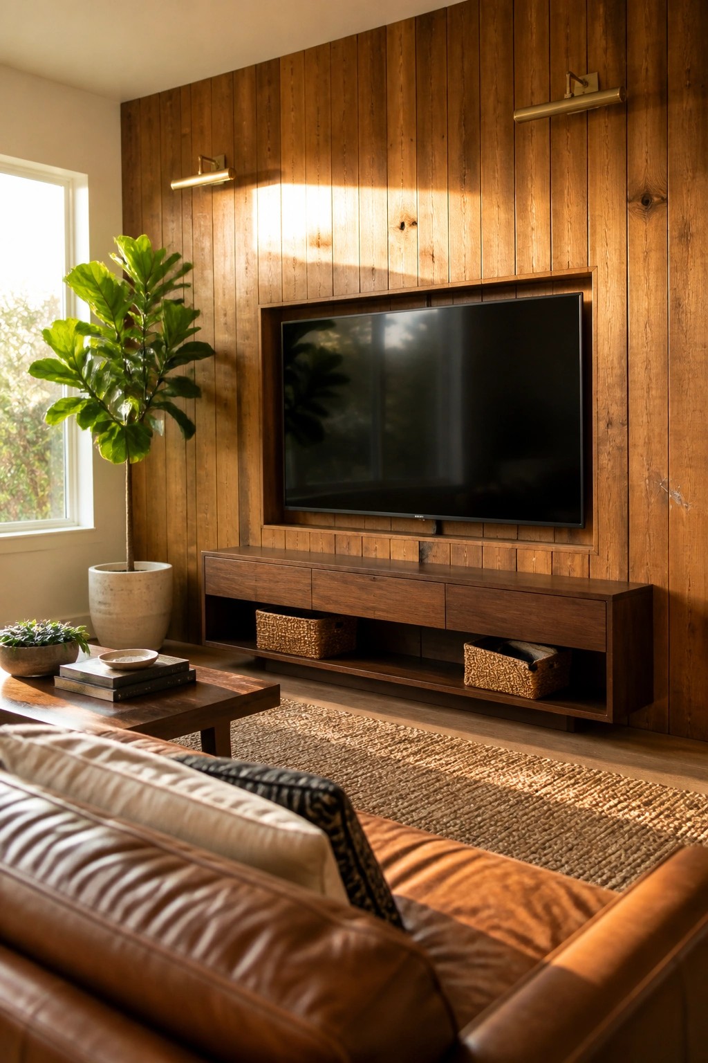 A living room with a flat screen TV mounted in a recessed niche on a vertical wood paneled wall above a long dark wood media console with open shelves holding woven baskets.