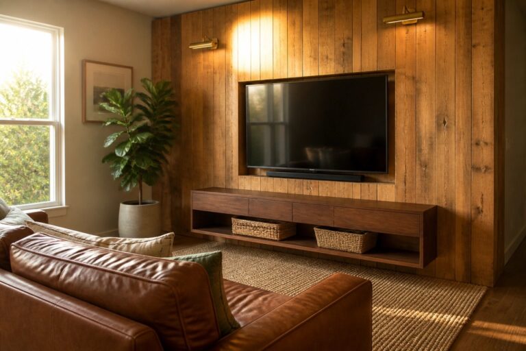 22 Polished Pallet TV Wall Ideas Built Around Media Consoles and Hidden Cords A living room with a flat screen TV mounted in a recessed niche on a vertical wood paneled wall above a long dark wood media console with open shelves holding woven baskets.
