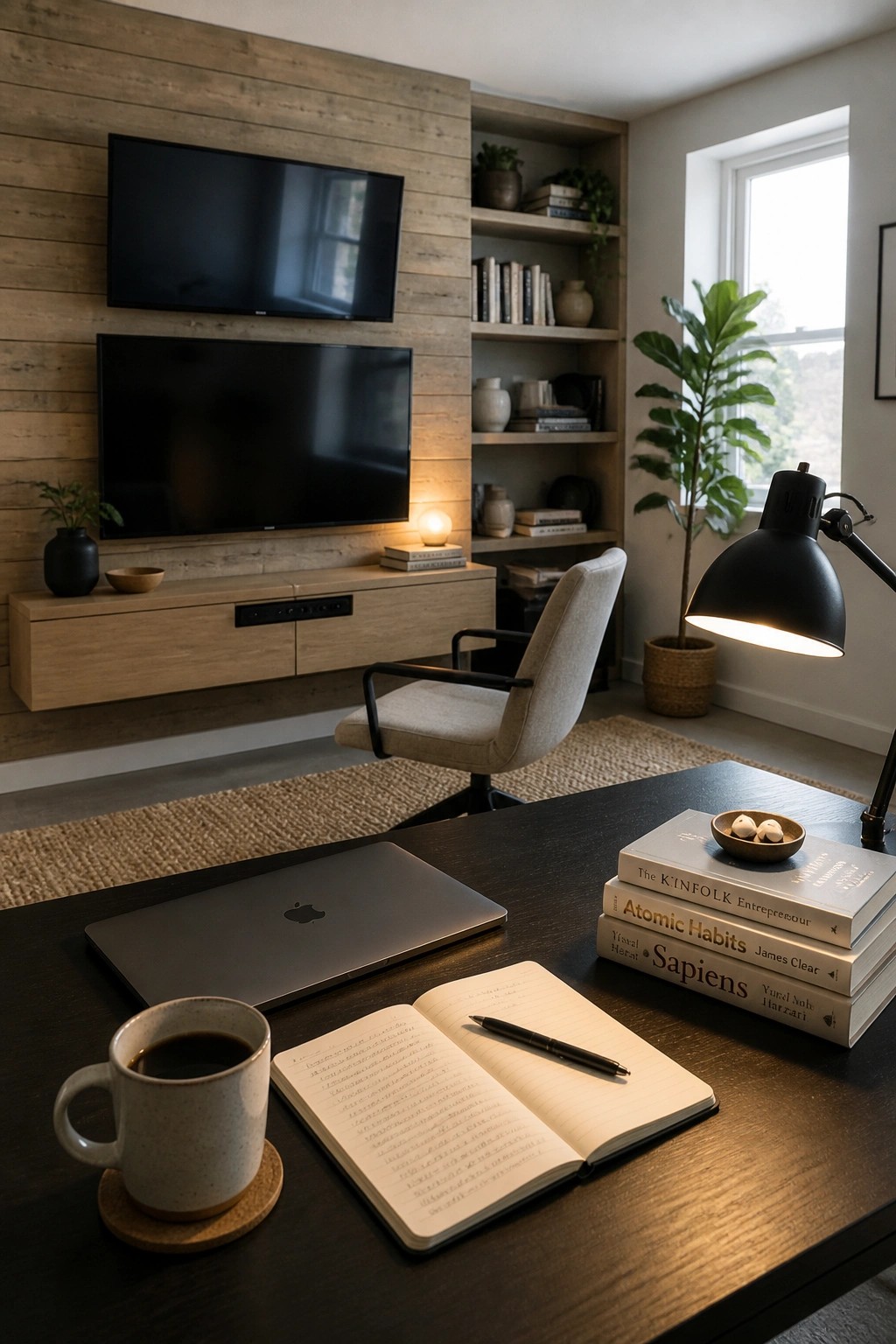 Modern desk with open notebook, laptop, coffee mug, books and lit lamp in stylish room.