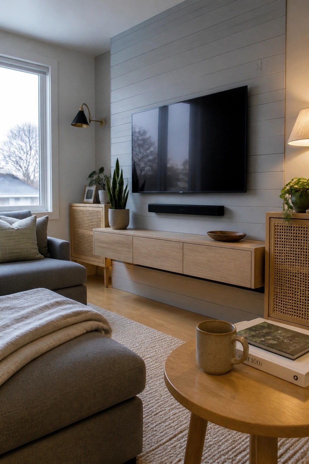 A living room interior showing a television mounted on a gray horizontal paneled wall above a floating light wood media console with a soundbar underneath.