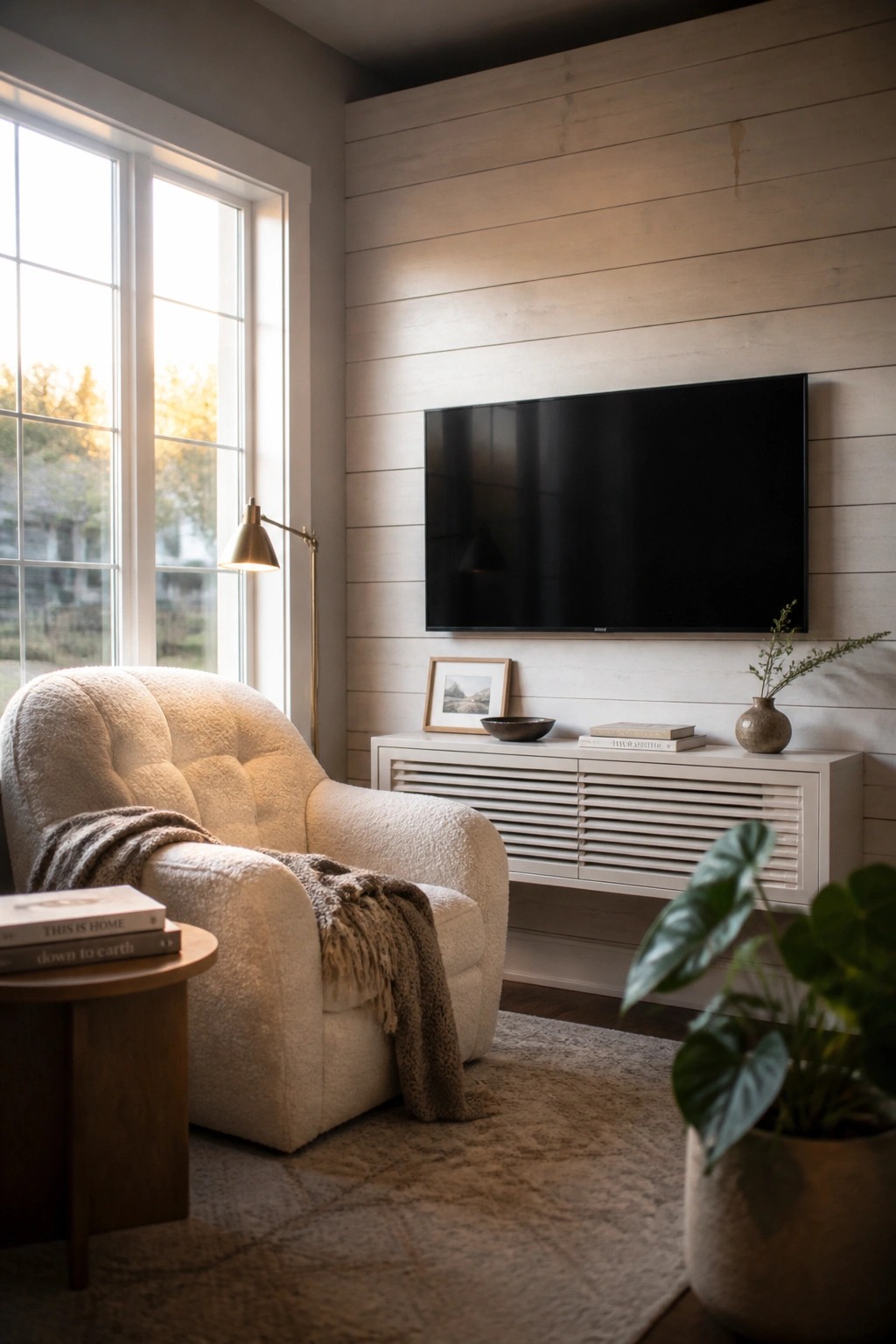 A living room corner with a wall-mounted TV on a light horizontal wood paneled wall above a white media console, next to a window and a white armchair.
