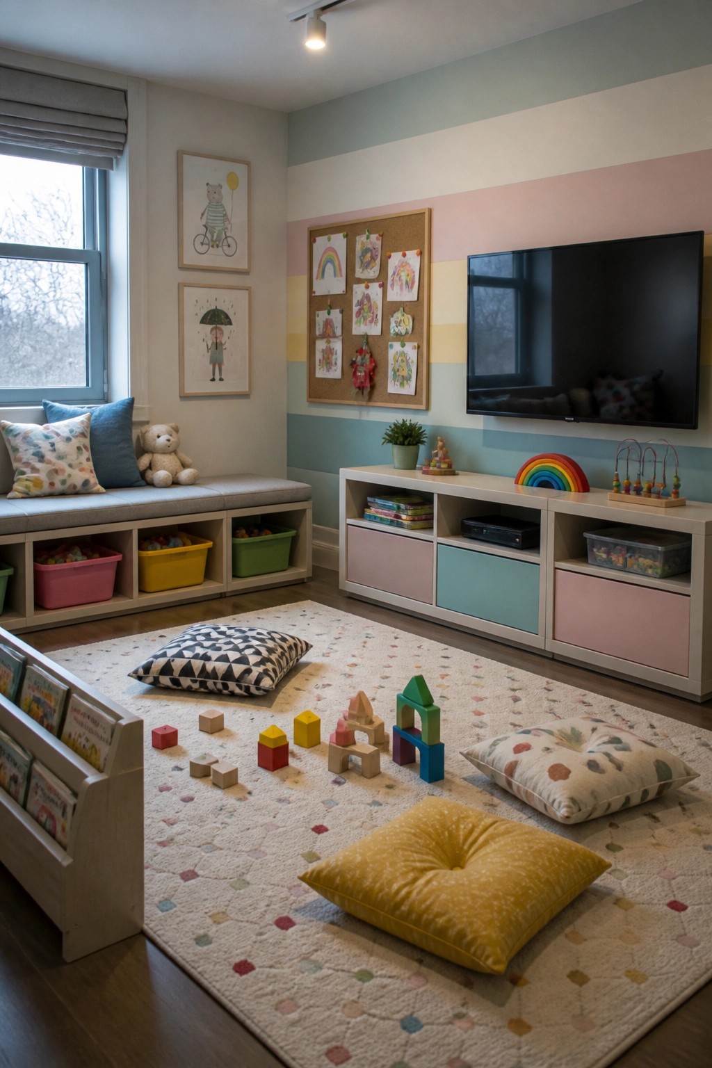 A children's playroom featuring a wall-mounted television above a white media console with pastel pink, blue, and mint drawers, set against a horizontal striped accent wall in matching soft colors.