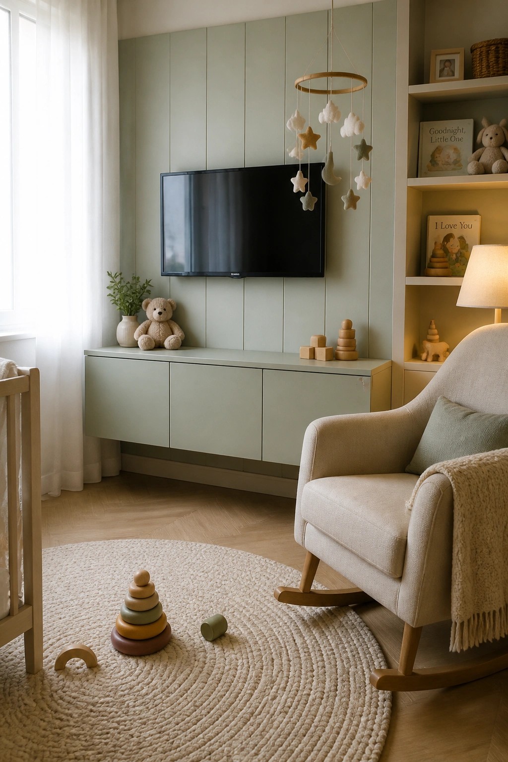 A television mounted on a sage green paneled wall above a matching low media console in a child's room with a rocking chair and toys on a round rug.