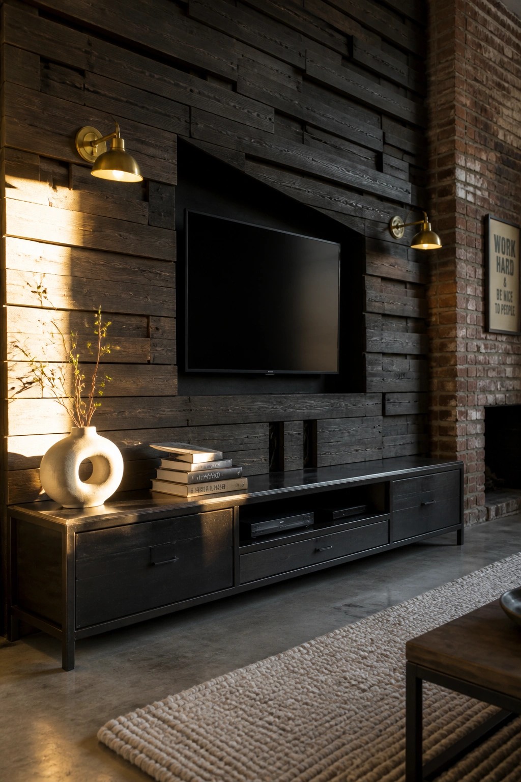 A flat screen television mounted on a dark reclaimed wood wall above a long black media console with drawers and open shelves holding electronic devices.