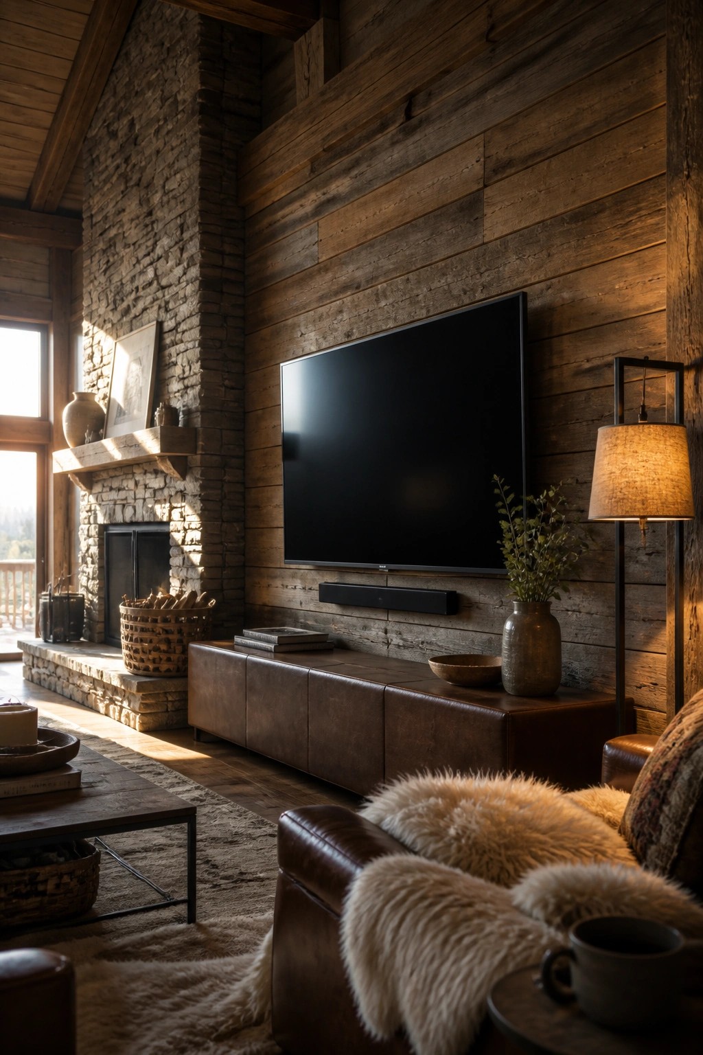A television mounted on a wooden plank wall above a long brown media console, with a stone fireplace visible to the left.