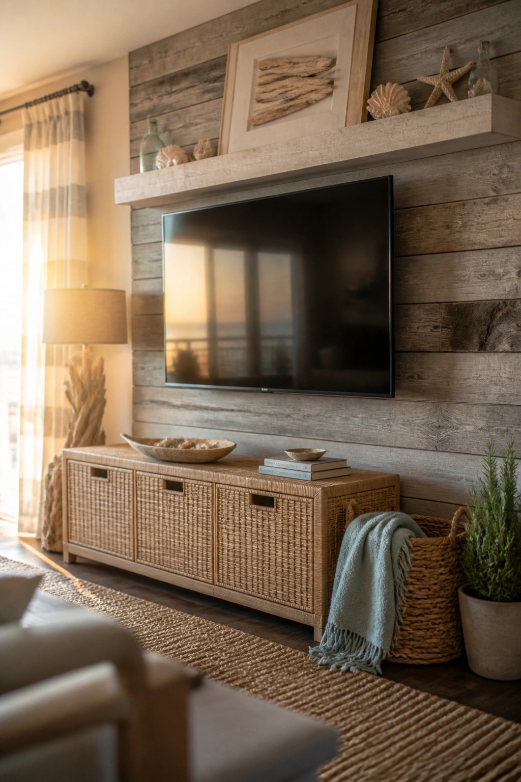 A living room scene showing a wall-mounted TV on a gray wood plank wall above a light wood media console with three woven basket doors, a floating shelf above the TV, and a jute rug on the floor.