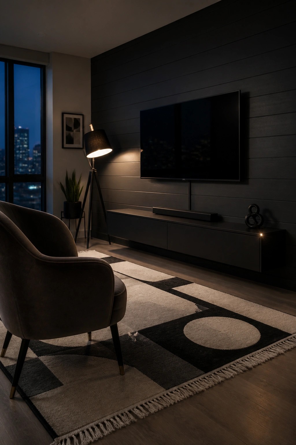 Dark modern living room with armchair, geometric rug, floor lamp, and wall-mounted TV.